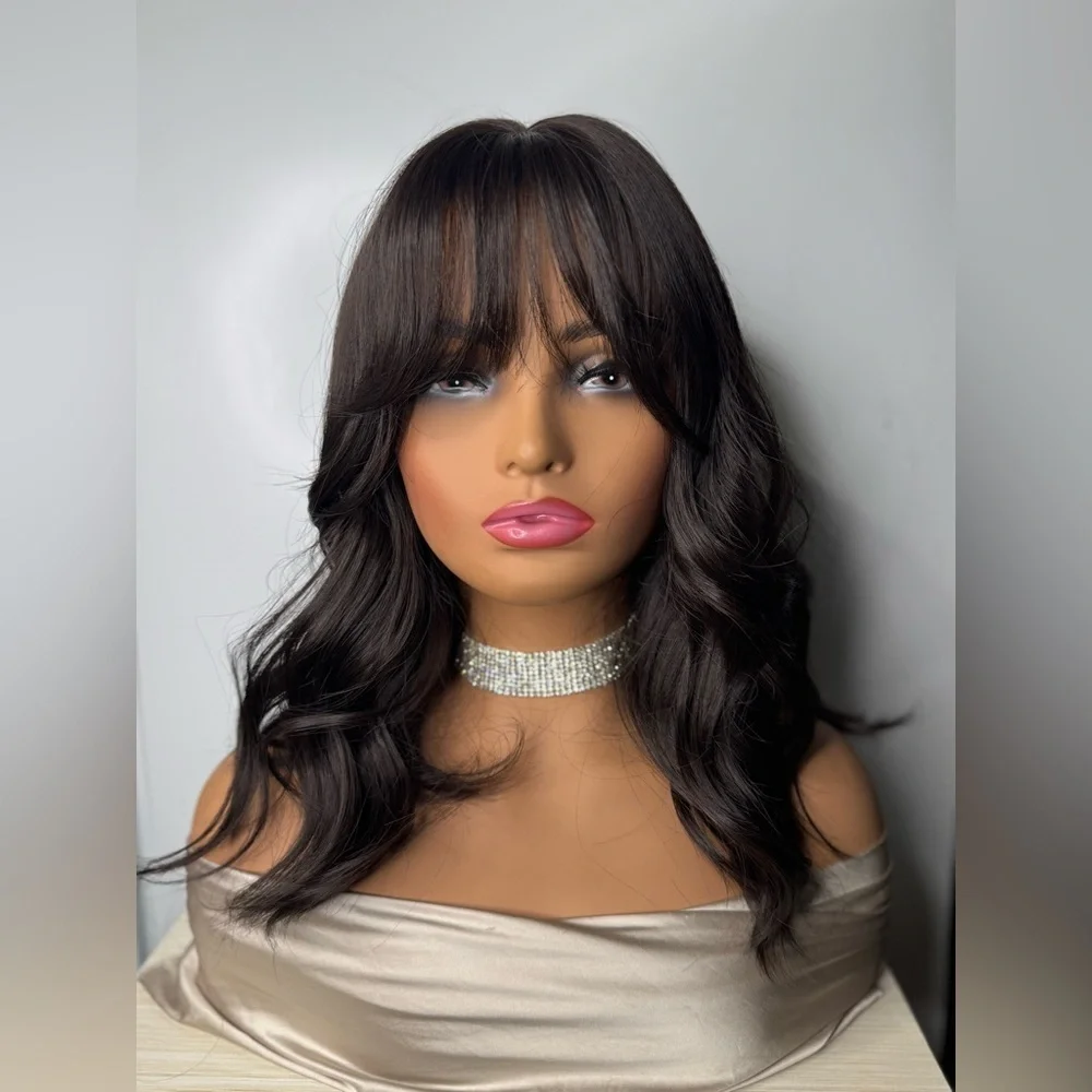 14” Dark Brown Wavy Synthetic Wig with Bangs – Natural Look, Classic Cap